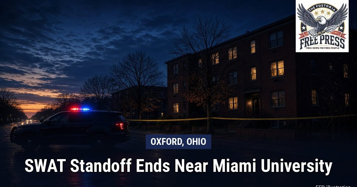 Illustration of a police vehicle outside an apartment building at dawn in Oxford, Ohio